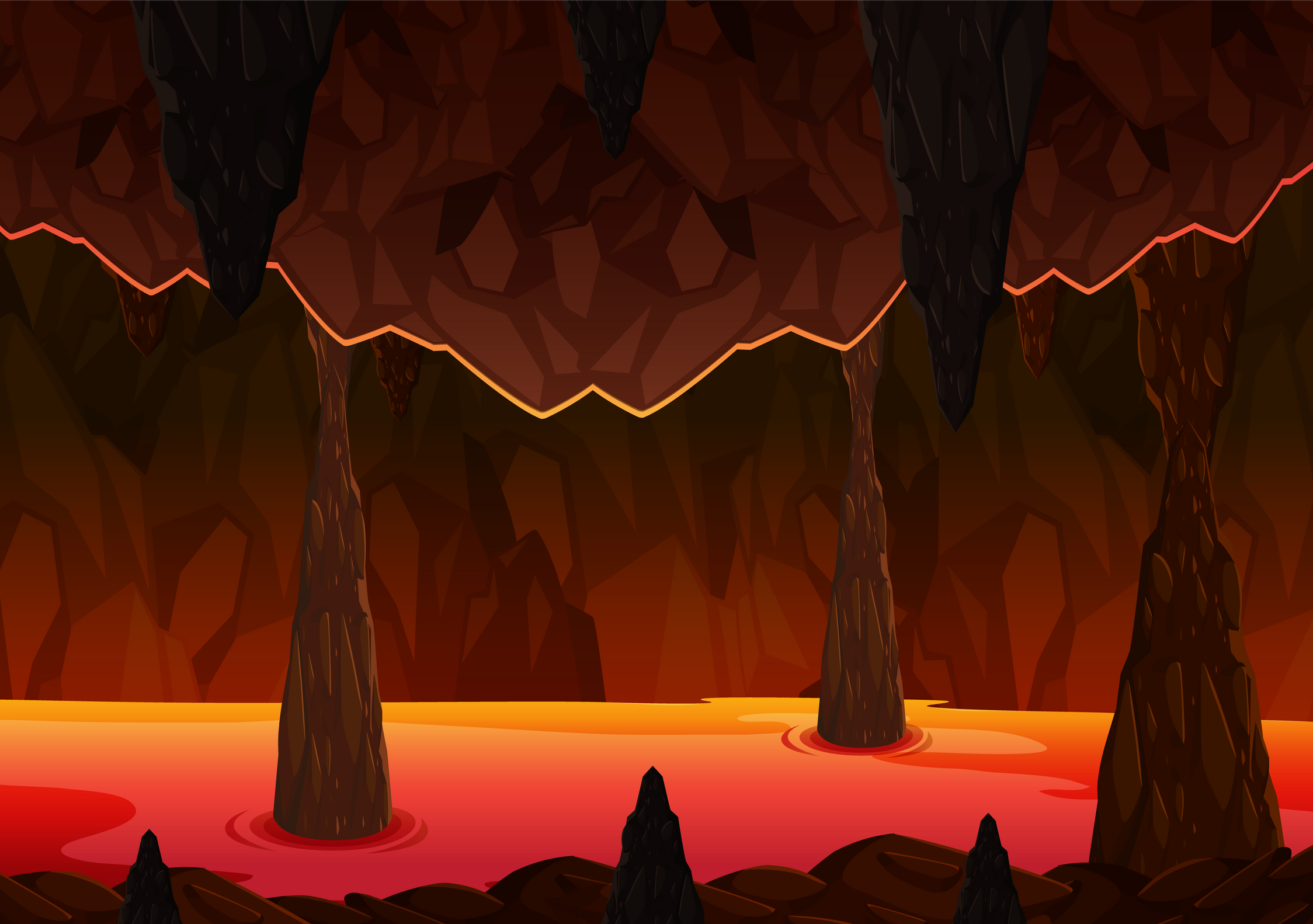 Infernal dark cave with lava scene